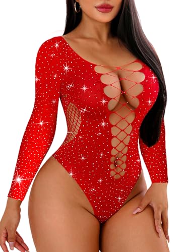 Avidlove Womens Rhinestone Bodysuit Sparkle Fishnet Lingerie Sexy Outfit Mesh bodysuit Teddy lingerie - Red-long Sleeve