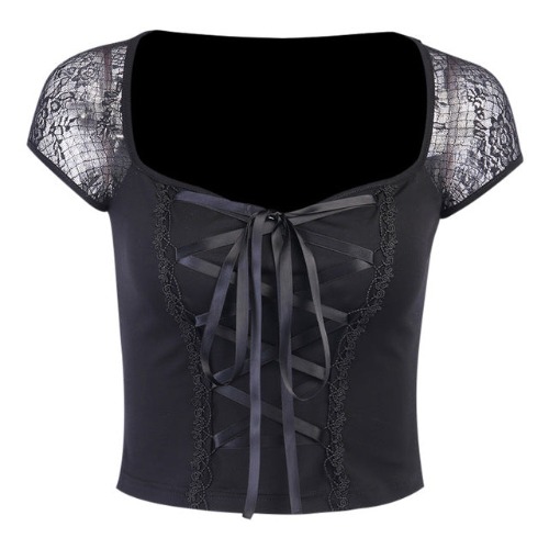 Goth 'Awaken' Black Lace up Sleeved Top - Black / S