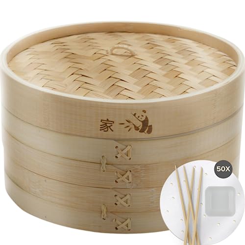 Prime Home Direct Bamboo Steamer Basket 12-inch | 2-Tier Steamer for Cooking | 50 Liners, Chopsticks, Sauce Dish | Dumpling Steamer, Food Steamer Baskets for Cooking - Rice & Vegetable Steamer Pot - 12-Inch