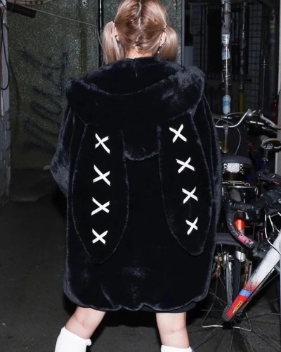 Pastel Goth Fuzzy Bunny Jacket - Black / M