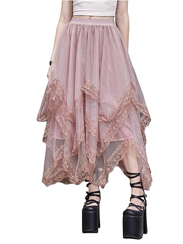 SHENHE Women's Lace Trim Layered Mesh Tulle Skirt High Waist Asymmetrical Long Goth Skirt - Large - Dusty Pink