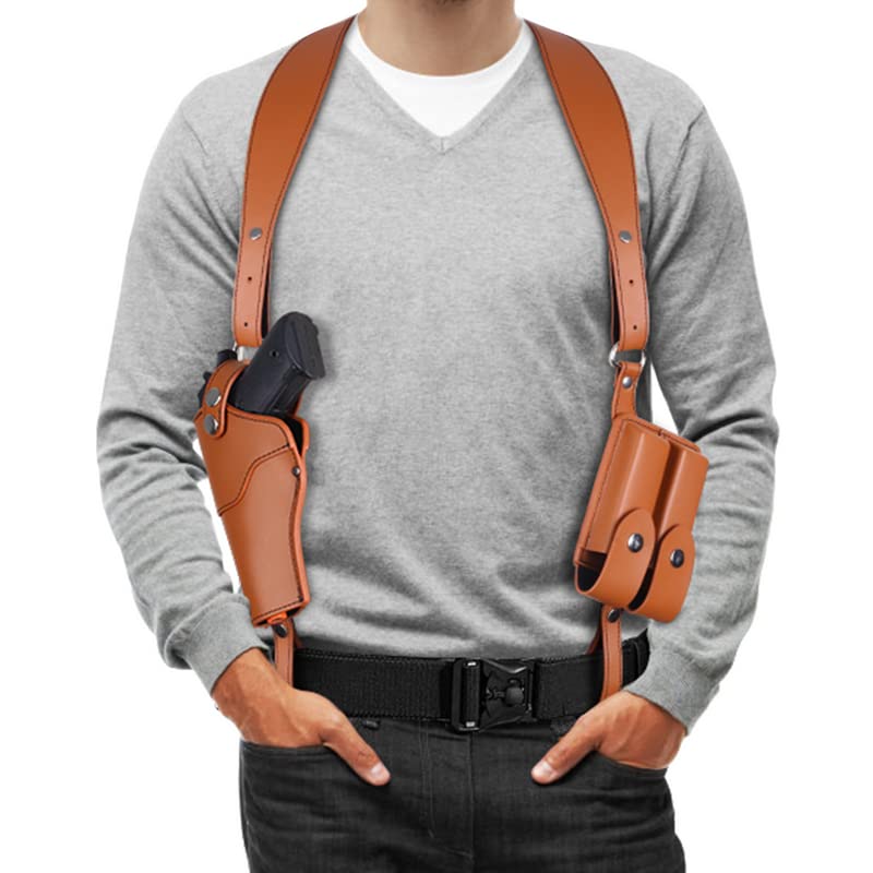 Shoulder Holster - Pvnoocy Vertical Gun Holster, Adjustable Leather Gun Holster for Concealed Carry with Double Magazine Pouch for 1911, Glock 19, 17 and More Pistols - Right Hand Draw Upgrade