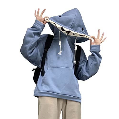 YEMOCILE Women Cute Shark Hoodie Long Sleeve Blue Kawaii Animal Shark Shape Hooded Pullover Sweatshirts - Medium - Blue
