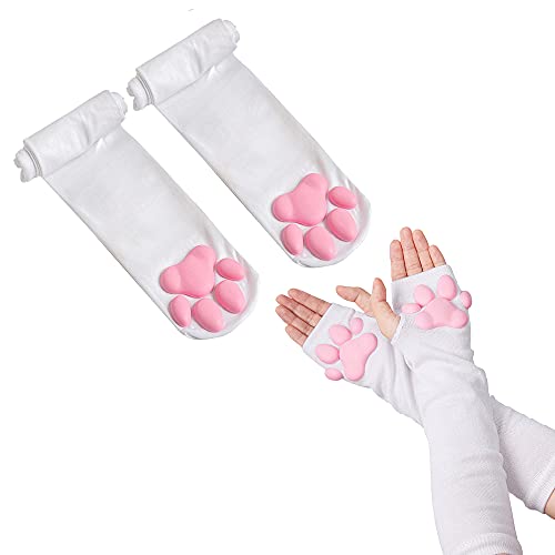Cute Cat Paw Mittens Gloves, Kawaii Cat Cosplay Kawaii Soft 3D Toes Beans Fingerless Cat Claw Paws Pad Sleeve - White Socks+long Gloves