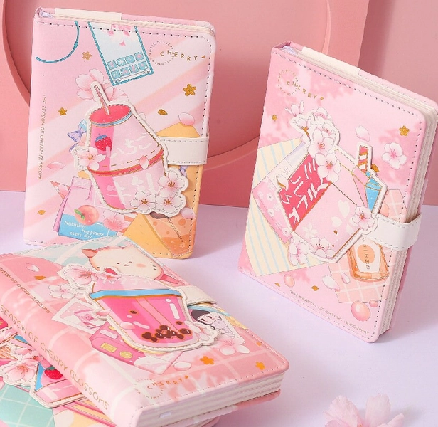 Cute Pink Dessert Notebook - Soft Leather Cover - 256 Pages - A6 magnetic buckle notebooks  - DIY Journal - Colorful page notebook