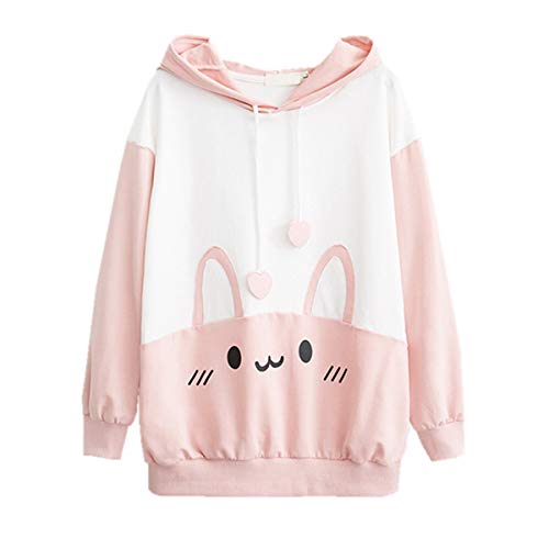 Packitcute Bunny Hoodie Kawaii Print Loose Casual Pullover Hoodie Tops - Medium - Pink