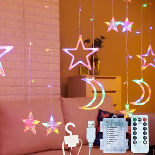 ALFEUND 7.5ft Decorative Starry String Curtain Lights Moons and Stars LED Night Light for Home Decoration Party,Remote Control AA Battery/USB Powered - Multicolor
