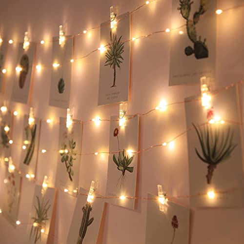 100 LED Photo Clips String Lights - 33FT Fairy Lights with 50 Clips for Hanging Polaroid Pictures, USB Powered Photo Hanger Lights, Plug in Twinkle Lights for Room Party Decor - Photo Clips