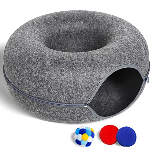Large Cat Tunnel Bed for Indoor Cats with 3 Toys, Scratch Resistant Donut Cat Bed, Up to 30 Lbs (L 24x24x11, Dark Grey) - L(24x24x11) - Dark Grey