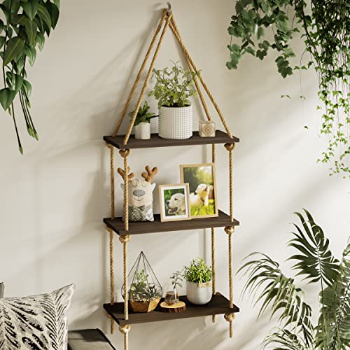 BAMFOX Hanging Wall Shelves,Swing Rope Floating Shelf,3 Tier Bamboo Hanging Storage Shelves for Living Room/Bedroom/Bathroom and Kitchen … - 3tiers
