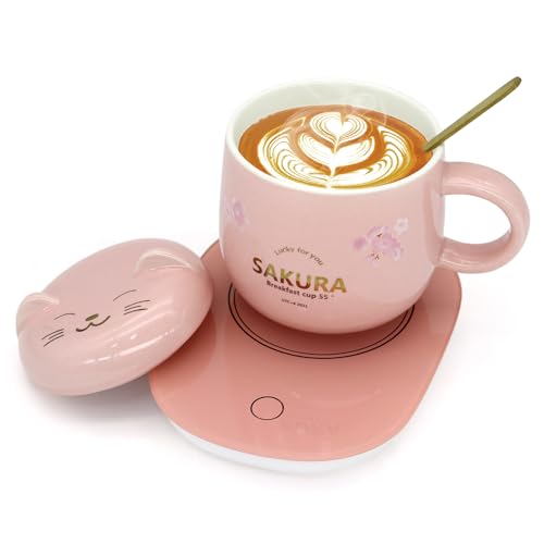 LIZHIGU Coffee Warmer with Mug - Cute Coffee Cups Cat Mug Cup Warmer Mug Warmer for Desk Coffee Cup for Women Smart Coffee Mug Warmer Coffee Mug Warmer is The Gift with Gift Box Pink - All Pink