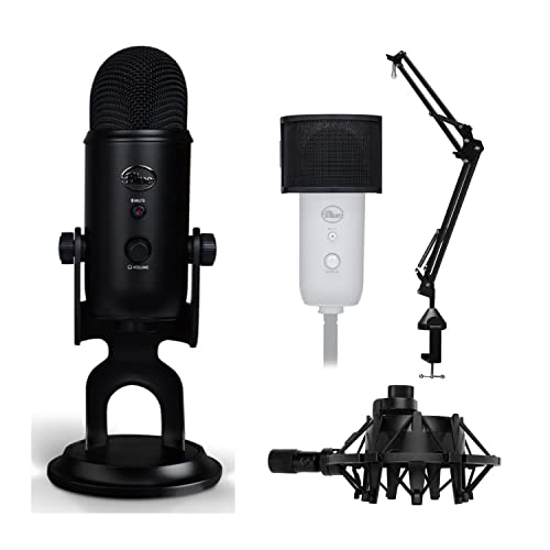 Blue Microphones Yeti USB Microphone (Blackout) Bundle with Shock Mount, Desktop Boom Arm Microphone Stand, Pop Filter for Use with Recording, Podcasting, and Streaming Microphones (4 Items) - Blue,Black
