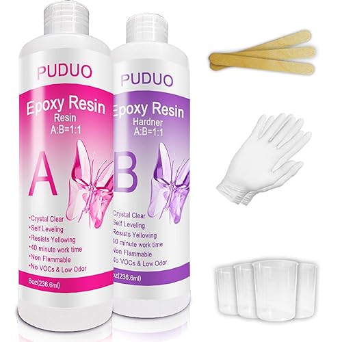 Epoxy Resin Crystal Clear Kit for Art, Jewelry, Crafts, Coating- 16 OZ Including 8OZ Resin and 8OZ Hardener | Bonus 4 pcs Measuring Cups, 3pcs Sticks, 1 Pair Rubber Gloves by Puduo - 16 oz kit