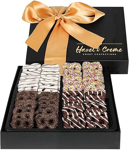 Chocolate Pretzel Gift Basket - Dark Chocolate Pretzel Gift - Gourmet Food Arrangement - Kosher, Purim, Snack Treat, Thank You, Employee Appreciation - Chocolate - 56 Piece Set