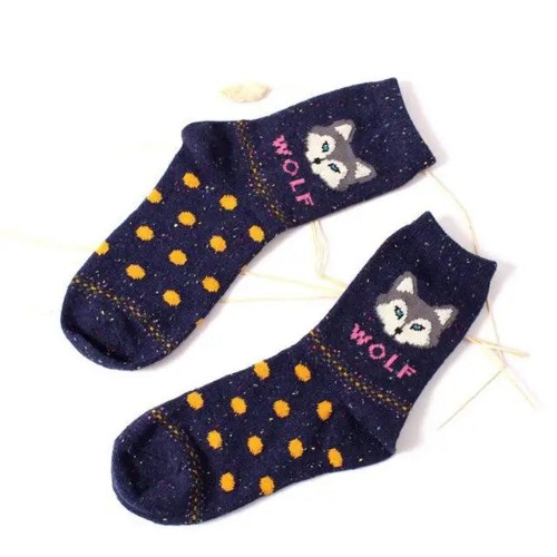 Snow Fox Christmas Socks with Embroidered Design and Vibrant Colors - Navy Wolf