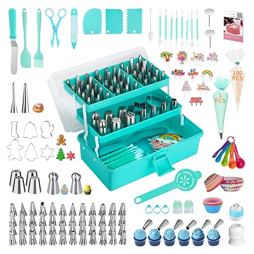 Cake Decorating Supplies Tools Kit: 358 pcs Baking Accessories with Storage Case - Piping Bags and Icing Tips Set - Cupcake Puffs Cookie Frosting Fondant Set for Beginners or Professional, Mint Green - Mint Green