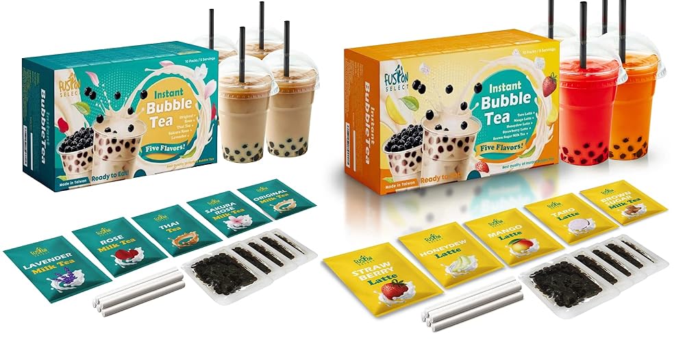 Fusion Select Authentic Bubble Tea Kit Extra Rich (5 Packs) Bubble Tea Drink, Boba Tapioca Pearl, Straws, Popular Bubble Tea Flavors (10 Flavors) - 10 Flavors