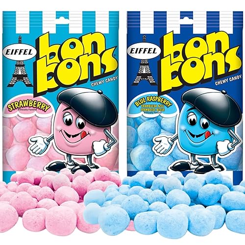 Eiffel Bon Bons Variety 2 Pack - Strawberry & Blue Raspberry - 4 oz bags bundle with 2 Airmont Stickers - Chewy French Candy Snack - Enjoyed by All for Over 20 years