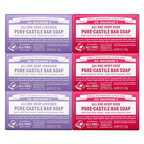 Dr. Bronner's - Pure-Castile Bar Soap, Rose 5 Ounce (3) and Lavender 5 Ounce (3) - Made with Organic Oils, For Face, Body and Hair, Gentle and Moisturizing, Biodegradable, Vegan, Cruelty-free, Non-GMO
