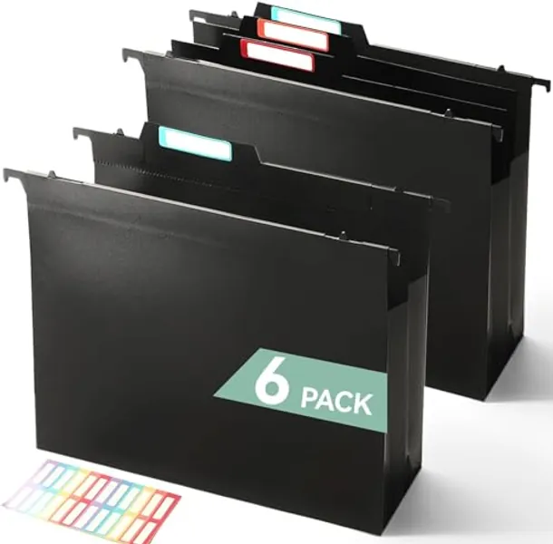 SortRax Plastic High Capacity Hanging File Folders, 4" Expanding Pocket with Movable Dividers, Heavy Duty for Filing Cabinet, Insertable Tabs, Letter Size - 6 Pack