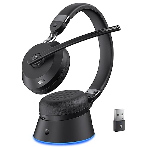 Wireless Headset with Mic for Work, Bluetooth Headset with Microphone (AI Noise Cancelling) & Charging Base, Wireless Headset for Work from Home/Office/Call Center/PC/Computer/Laptop/Teams/Zoom/Skype - Black