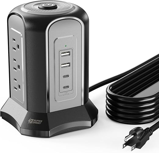 Power Strip Tower Surge Protector, SUPERDANNY Desktop Charging Station, 10 Ft Extension Cord, 9 Outlets, 4 USB Ports, 1080 Joules, 3-Prong, Grounded, Multiple Protections for Home, Office, Black - 10 FT - Black Grey
