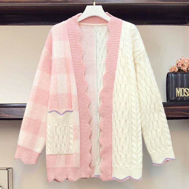 Lattice Print Colorblock Pocket Loose Cardigan Sweater