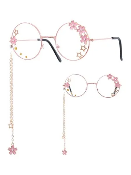  Sweet Lolita Glasses Pink Chains Flowers Stars Round Frame Sunglasses