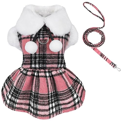 Plaid Dog Harness Dress and Leash Set, Fleece Dog Sweater for Small Dogs Girl, Fall Winter Warm Puppy Clothes with D Ring, Pink Pet Cat Outfit - Plaid Pink - Medium