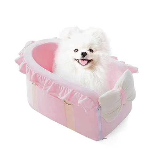 Jaoul Dog Car Seat for Small Dogs - Fully Detachable with Adjustable Straps Center Console Dog Car Seat - Comfortable Bow Design Pet Car Seats - Portable Pet Booster Seat for Puppy, Cat (Pink) - Pink