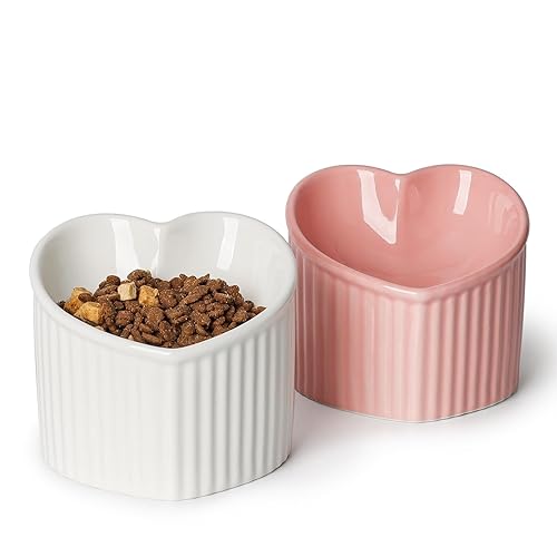 YauYik Tilted Raised Cat Bowls, Ceramic Elevated Food Water Bowls, Stress Free, Backflow Prevention, Dishwasher and Microwave Safe, Lead & Cadmium Free, 2 Pack (Pink+White) - Style2-White & Pink