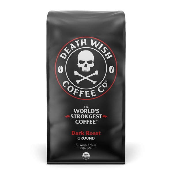 Death Wish Coffee Dark Roast Grounds - 16 Oz - Extra Kick of Caffeine - Bold & Intense Blend of Arabica & Robusta Beans - USDA Organic Ground Coffee - Dark Coffee Caffeine for Morning Boost