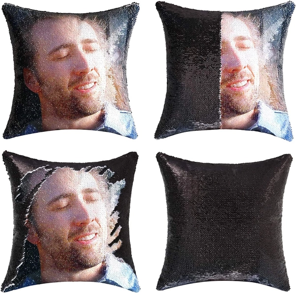 Hythillow Nicolas Cage Sequin Pillow Cover Magic Funny Gifts Mermaid Reversible Pillowcase That Color Changes Home Decor Throw Pillow Case Sofa Cushion Cover (Black Sequin)