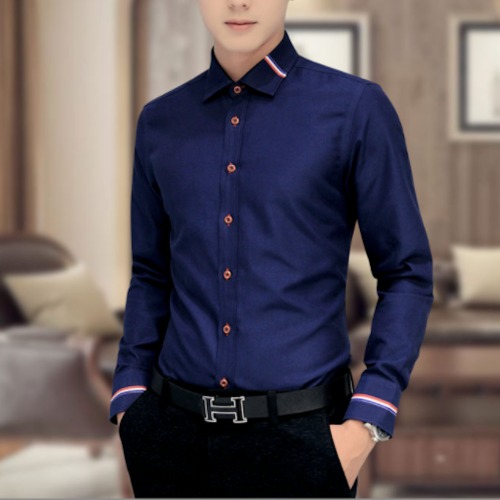 Mens Button Down Shirt With Ribbon Details - Navy / S