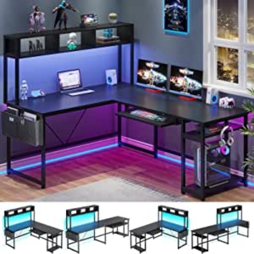 SEDETA L Shaped Gaming Desk, Reversible 94.5” Computer Desk, Gaming Desk with Led Lights, Keyboard Tray and Storage Bag for Home Office, Black - Black With Keyboard Tray and Led Light