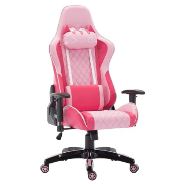 Cute Pink Gaming Chair, Computer Racing Game Chair Ergonomic Reclining PC Gaming Chair with Cat Headrest and Lumbar Pillow, Pink and White