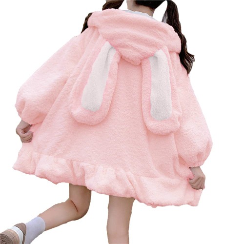 BZB Kawaii Anime Bunny Ear Hoodies For Women Sweet Lovely Fuzzy Fluffy Rabbit Sweater Tops Cosplay Jacket Coats - Pink Large