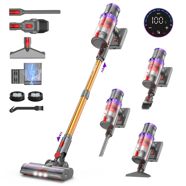 coovy SU7 Steelstofzuiger Stofzuiger Draadloos 580W/45Kpa/70Min, LED-display, 1.3 L Vacuum Cleaner Draadloos Anti-klit, Steelstofzuiger Draadloos voor Dierenhaar, Tapijt, Harde Vloeren
