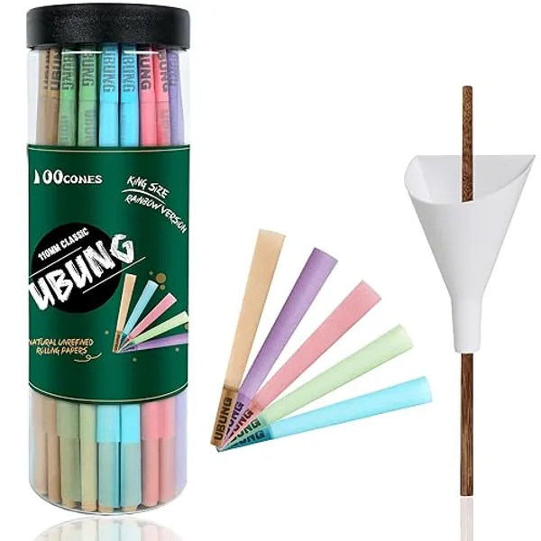 UBUNG Rainbow Cones | 100 King Size Konisch vorgedrehte Hülsen ​(5 Farben) Einschließlich 1 Trichterlader und 1 Putter für Verpackunge - 100 Rainbow Cones and Loader