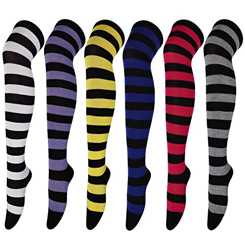 DRESHOW 6 Pairs High Thigh Socks Striped Over Knee Thin Tights Long Stocking for Women Leg Warmer - High Thigh - 6 Pairs: Black, Purple, Yellow, Navy, Red, Gray