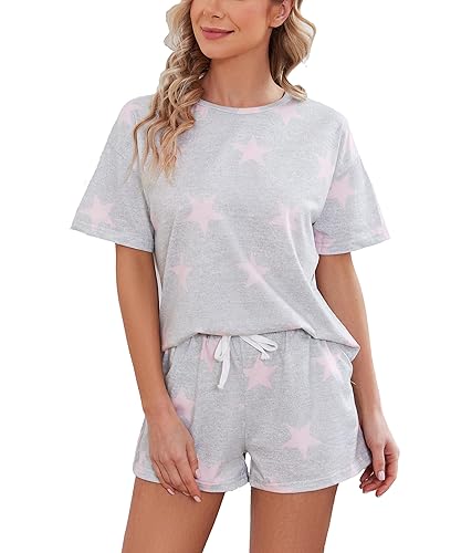 Kabento Womens Pajama Sets Short Sleeve Sleepwear Soft Cotton Pj Lounge Outfits Sets with Pockets - Pink Star - Medium