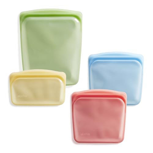 Stasher Reusable Silicone Storage Bag, Food Storage Container, Microwave and Dishwasher Safe, Leak-free, Bundle 4-Pack, Green + Red + Blue + Yellow - Green + Red + Blue + Yellow - 4-Pack