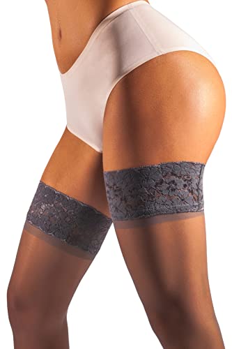 sofsy Lace Thigh High Stockings [Made in Italy] Sheer Stockings for Women Lingerie Top Thigh High 15/20 Den - Small - Grey - 15 Den