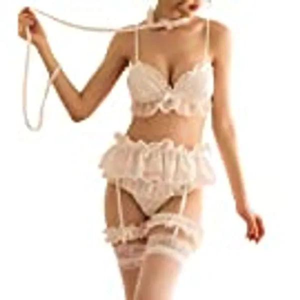 Women Sexy Lingerie Set Lolita Cosplay Ruffle Teddy Outfit Bra and Pantie Nightie with Suspender Stocking