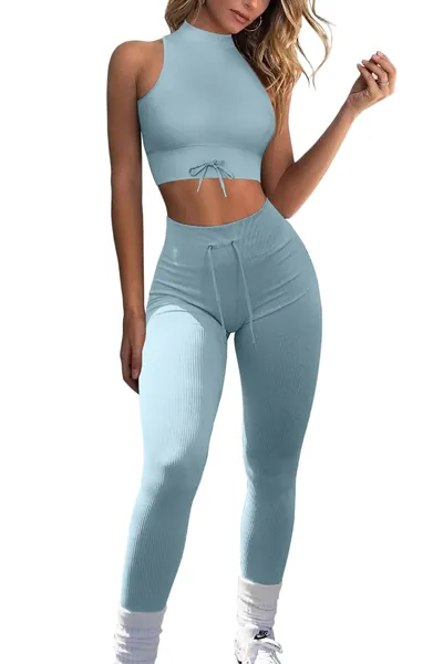 QINSEN Ribbed Workout Sets for Women Seamless High Neck Sport Bra Tummy Control Yoga Leggings 2 Piece Outfits