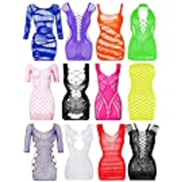 12 Pieces Women's Fishnet Lingerie Mesh Babydoll Bodysuit Lace Smock Lingerie for Women