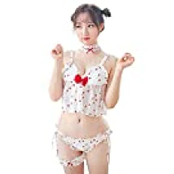 YNXIXIEN YINUOQI Lady's Lingerie Set Girl's Strawberry Deep V-Neck Bowknot Pajamas with Choker and Leg Garter