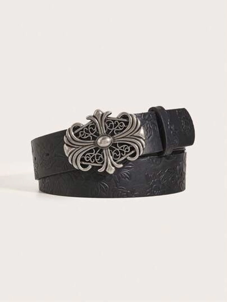 1pc Women's Retro Alloy Buckle Printed PU Waist Belt, Suitable For Western Cowboy Style