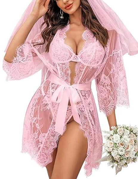 Avidlove Women's Lace Kimono Robe Babydoll Lingerie Mesh Nightgown S-5XL