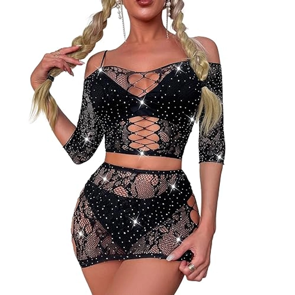 QCWQMYL Lingerie for Women Naughty Lace Bodysuit Nightwear 2 Piece Sets See Through Lingerie Valentine Anniversary